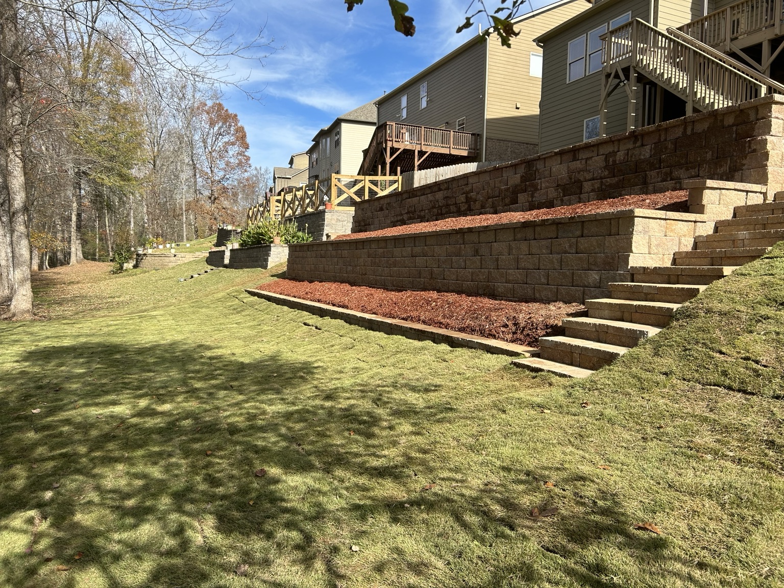 Retaining wall with steps and lawn
